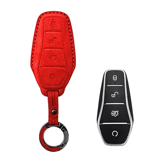 Image of KMH Alcantara Key Cover Compatible with BYD Atto 3 Models Smart Keycover with Keychain 4 Buttons Shell Case Holder Full Key Protector Accessories Smart Keycover with Keychain, Red - Pack of 2