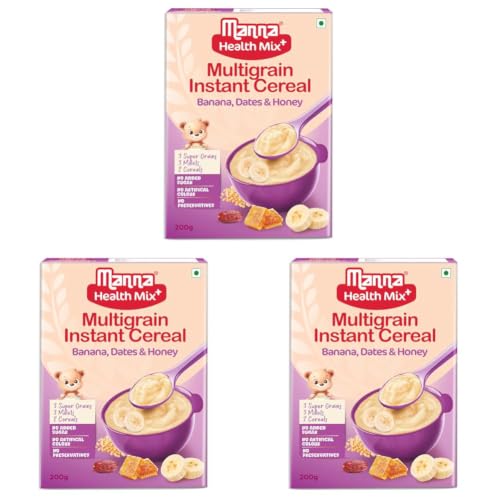 Image of Manna Health Mix Instant Multigrain Cereal, Banana, Dates, Honey with Milk. Made with Real Fruits and 8 Supergrains and Millets. No Added Sugar, No Artificial Color, Flavors 200g (Pack of 3)