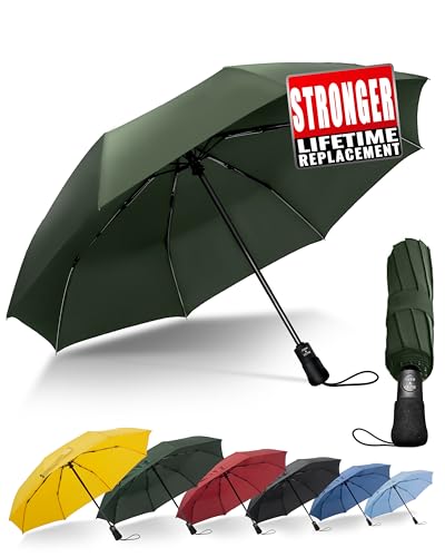 Chakipee Paraguas Plegable Antiviento Hombres - Paraguas Verde Resistente al Viento, Paraguas Automático Portátil Compacto de Viaje, Revestimiento de Tela 210T