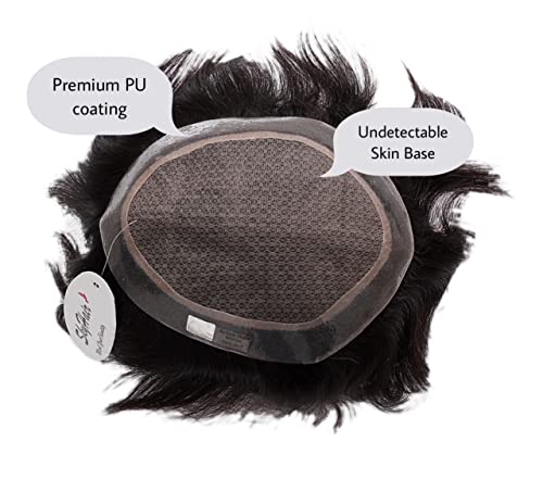 Image of SkyHair PU Diamond Coated Border MIRAGE Skin Base Undetectable Scalp PREMIUM Hair Patch for Men 100% Remy Human Silky and Soft Hair Wigs Highly Durable Mens Toupee can be Install with Clips, Glue or Tape (Natural Brown, 10x7, Medium Density)
