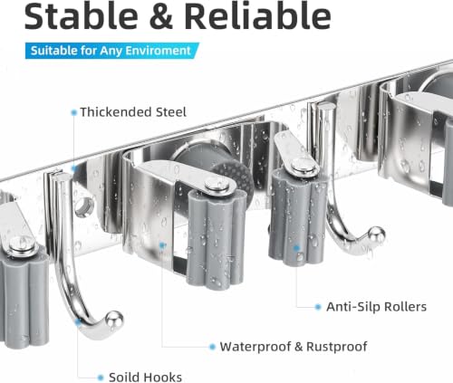 Image of Niwlix 5 Slot & 4 Hook Stainless Steel Mop and Broom Holder Wall Mount, Anti Slip Heavy Duty Waterproof Broom Hanger Stand Organizer Tool for Kitchen Home Garden Bathroom Garage