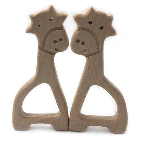 Wendysun 2pcs Lovely Cartoon Wood Teether Pure Natural Animal Giraffe Shape Baby Teething Nursing Beech Teether Baby DIY Pendant Toy (2pcs)