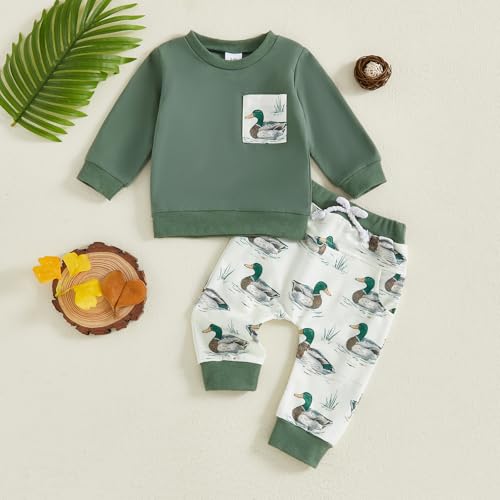 Toddler Baby Boy Fall Winter Outfit Hunting Clothes Duck Embroidery Long Sleeve Sweatshirt Pants Set2