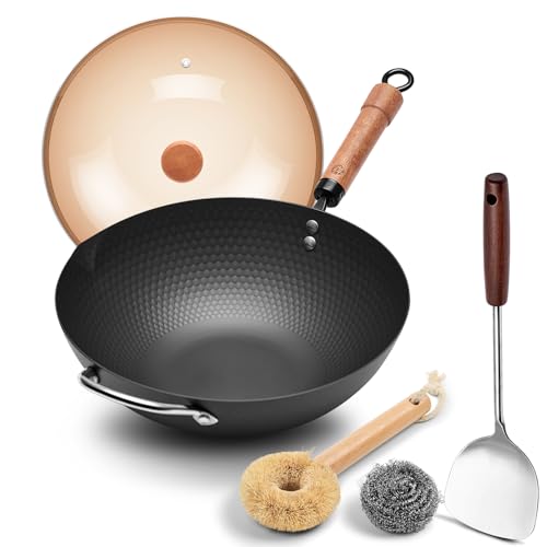 WANGYUANJI 12.6' Wok with Lid, Flat Bottom Nonstick Wok Pan for Induction Cooktop, Stir Fry Woks & Pans for Cooking