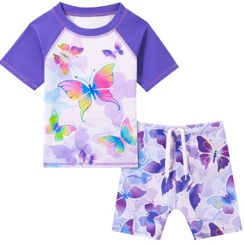 Image of WAWSAM 2 Pieces Girls Rash Guard Toddler Swimsuit Girl Swimsuit Short Sleeve Bathing Suit for 3-6 Years