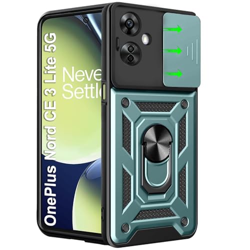 Image of TheGiftKart Tough Armor Bumper Back Cover Case for OnePlus Nord CE 3 Lite 5G | Ring Holder & Kickstand in-Built | 360 Degree Protection Back Cover Case (PC & TPU, Sliding Camera Cover, Green)