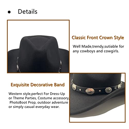 Image of Classic Western Cowboy Hat Cowgirl Hat Unisex Men's & Women's Wide Brim Felt Fedora Hat Flat Top Hat with Buckle Belt