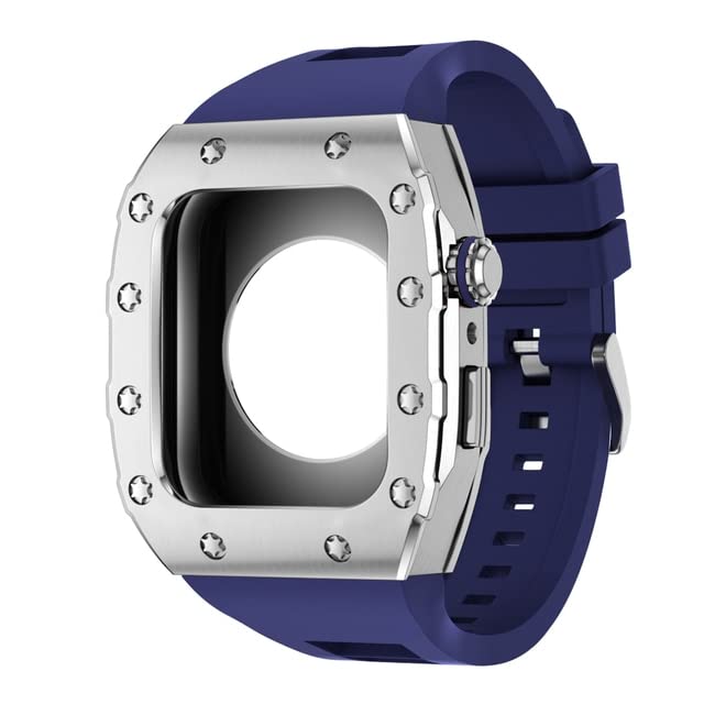 Kit Mod luxe en acier inoxydable pour Apple Watch 44mm 45mm : boîtier métal et bracelet silicone