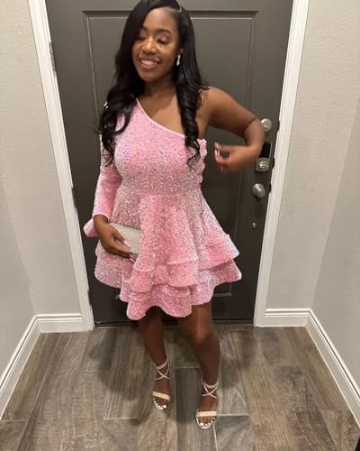 OFEECHUN Women's One Shoulder Sequin Homecoming Dress Short Sparkly Layered Long Sleeve Cocktail Gowns4