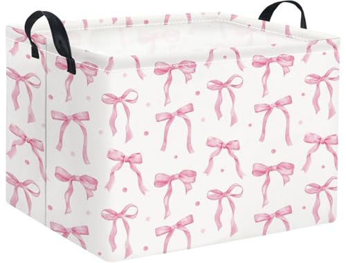 Image of Rectangular Baby Kids Storage Basket for Home Kitchen Girls Cute Toy Storage Bin Organizer Shelf Book Room Decor(Dot Bowknot)