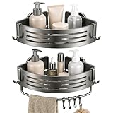 Nordkai Duschregal Ecke Ohne Bohren, 2er Set Duschablage mit Saugnapf, Aluminium Rostfrei, Eckregal Dusche mit Handtuchstange & 4 Haken, für Fliesen Glas Marmor, Bad & Küche