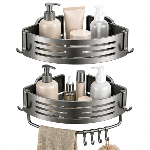Nordkai Duschregal Ecke Ohne Bohren, 2er Set Duschablage mit Saugnapf, Aluminium Rostfrei, Eckregal Dusche mit Handtuchstange & 4 Haken, für Fliesen Glas Marmor, Bad & Küche