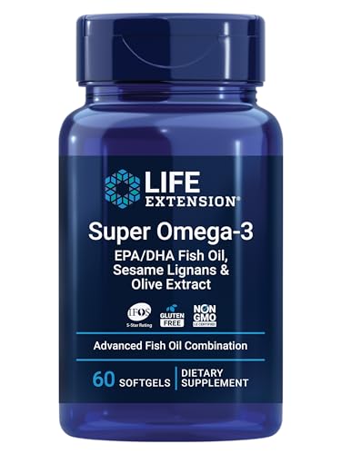 Life Extension Super Omega-3 EPA/DHA Fish Oil Sesame Lignans & Olive Extract Heart Health Brain Health Inflammation Health Support Cholesterol Health Support Gluten-Free Non-GMO 60 Softgels