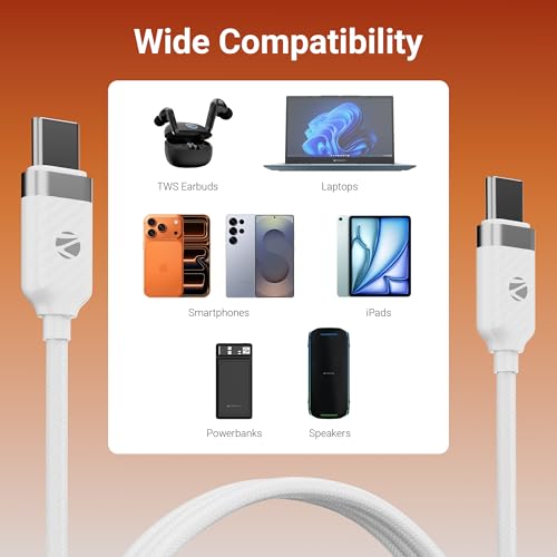 Image of Zebronics Type C - Type C Braided Cable, 60 Watts, Upto 480Mbps Data Sync, Fast Charging, 1 M, Compatible with iPhone 15 & 16 Series, iPad, MacBook, Samsung, Android (Wattz 60CC5, White)