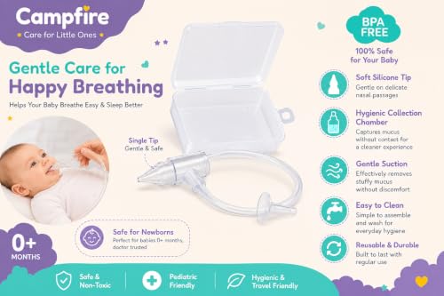 Image of Campfire Baby Nasal Aspirator for Newborn & Infants | BPA-Free Manual Nose Cleaner | Gentle Silicone Nasal Suction Device | Hygienic Mucus Remover | Reusable Easy-to-Clean Baby Nose Cleaner | 0+ Months