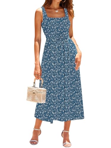 Image of Sureple Midi Dresses for Women 2026 Spring Square Neck Tank Sleeveless A Line Casual Summer Sundresses with Pockets
