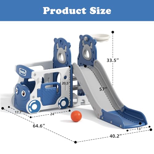 Image of XJD 5 in 1 Toddler Slide, Kids Slide for Toddlers Age 1-3, Outdoor Indoor Playset for Toddlers with Basketball Hoop and Ball (Blue gley, Slide)