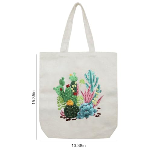 Image of KABAKE Canvas Tote Bag Embroidery Kit for Beginners, Arts and DIY Crafts Starter Kit, Includes Stamped Bag, Threads, Tools (Beige With Cactus)