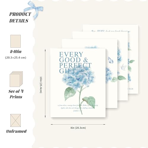Image of LARTSFRO Hydrangea Floral Bible Wall Art Decor Posters, Blue Floral Spring Christian Room Bathroom Bedroom Dorm Wall Art Decor Aesthetic for College Teen Girls Gifts, Inspirational Bible Verses Wall Decor, 10x8 Inch Set of 4 Pcs Hydrangea Pictures (UNFRAMED)