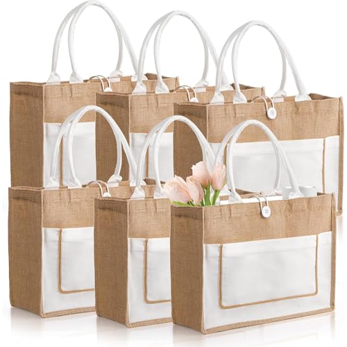 6-Pack Jute Tote Bags, Large Woven Linen Tote Bags with Handles, Women'S Beach Bags, Natural and Eco-Friendly Reusable Canvas Gifts for Beach, Weddings, Shopping, Travel