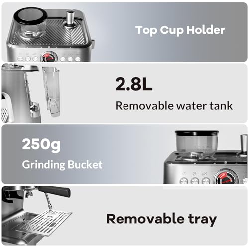 Image of 20 Bar Espresso Machine with Grinder & Milk Frother, Coffee Machine with 96Oz Removable Water Tank, Professional Espresso Maker for Home Cafe, Stainless Steel Coffee Maker for Cappuccino, Latte