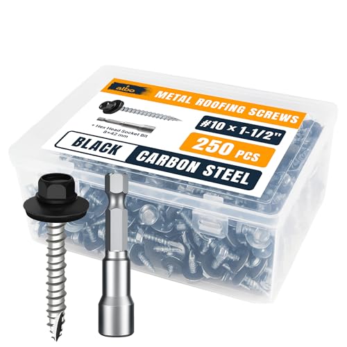 Image of ALBO 250 Pcs #10 x 1-1 /2 inch Black Metal Roofing Screws, EPDM Washers