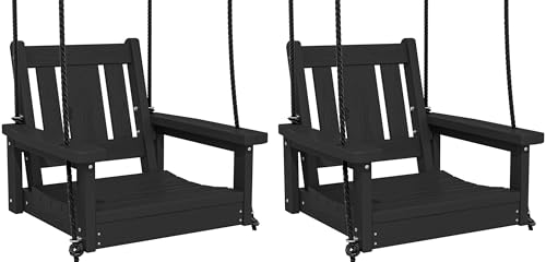 SERWALL HDPE Single Porch Swing Set of 2, Heavy Duty Single Person Swing Chair with 2 Polypropylene Hanging Ropes, Adirondack Hanging Chair for Outdoor Front Porch Patio Garden Yard, Black