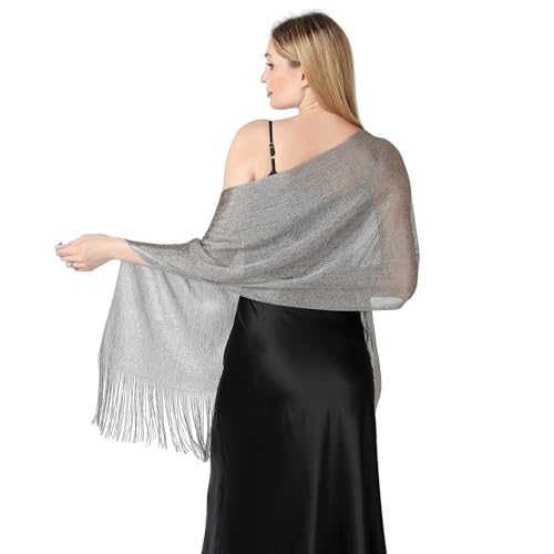 Image of Stoles for Evening Dress with Buckle, Fringes - Polyester Blend, Shimmer Stole Wraps for Weddings, Party | Women's Clothing