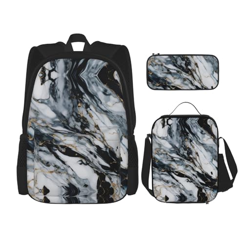 nanger Marble Print 3-Piece Set Backpack, Lunch Bag And Pencil Case, For Travel, College, And Daily Use