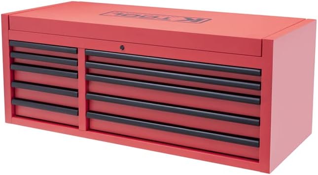 K Tool International 75135 55" Service Tool Chest for Garages, Repair Shops and DIY, (10) Drawer, Anodized Aluminum Drawer Pulls, Double Bay, Integrated UL Power Strip, Fully Assembled, Red/Black