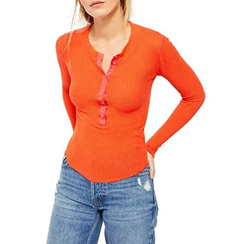 Free People Womens One Of The Girls Waffle Hi-Low Thermal Top Orange S