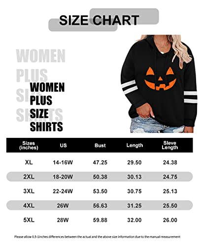 Carcos Plus Size Women Hoodies 5X Long Sleeve Color Block Pumpkin Face Print Plullover Black Drawstring Black Tunic Halloween Tops 5Xl 28W #TOP3