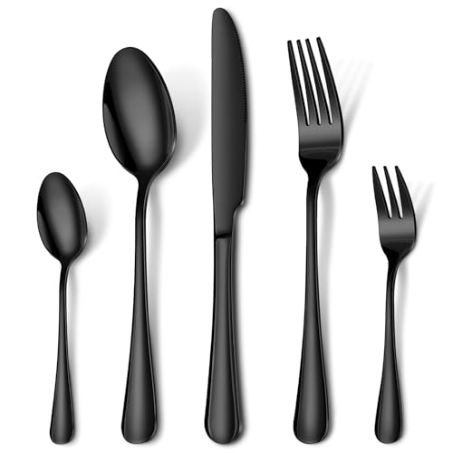 HONKKU Besteck Set 12 Personen, 60 Teilig Schwarz Besteckset mit Messer Gabel Löffel, Essbesteck Set Edelstahl Spiegelpoliert, Spülmaschinenfest
