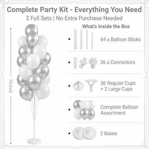 Image of Balloon Column Kit Set of 2 With Balloons Included - with Base, and Pole,Balloon Tower Backdrop Decoration for Wedding, Baby Shower, Birthday Party, or Bachelorette Parties (Silver White)