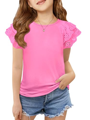 Image of Haloumoning Girls Ruffle Sleeve T Shirts Summer Short Sleeve Casual Cute Crewneck Tops Tees 5-14 Years