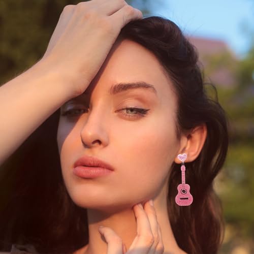 Pink Glitter Guitar Earrings – Lightweight Sparkly Statement Jewelry for Women, Music-Themed Accessories, Concerts, Parties, Gifts, Rodeo Outfits4