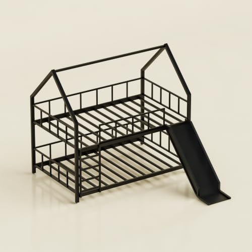 Image of Metal Bunk Bed for Kids & Adults,Twin Over Twin Double Decker BunkBed for Bedroom,House shape Bed,Heavy Duty Space Saving Steel Bed with Ladder & Safety Guard Rails,Childbed, KidsBunk Bed for Bedroom