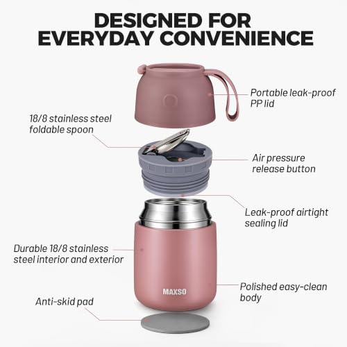 Image of Insulated Thermo Food Jar for Hot & Cold Food for Adult, 17 oz Soup Thermal Hot Food Containers for Lunch, Triple Layer Insulation Stainless Steel Food Jar with Spoon (New Pink2)