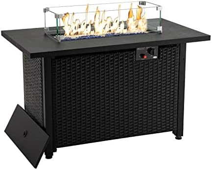 42 Inch Outdoor Propane Gas Fire Pit Table, 50,000 BTU Auto-Ignition Gas Firepit with Glass Wind Guard, Alloy Wood Grain Tabletop by HANLIKO-Black