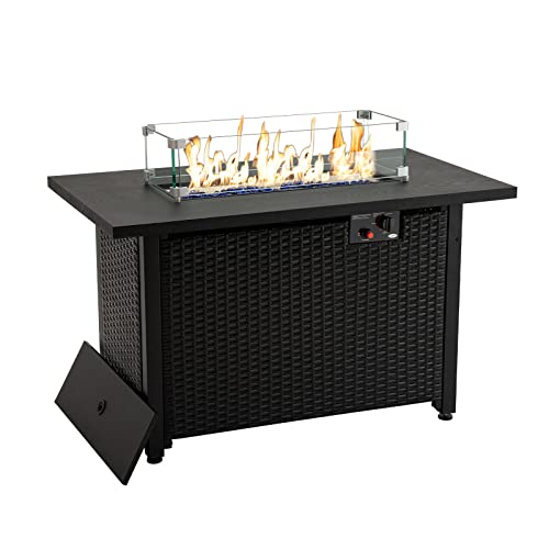 42 Inch Outdoor Propane Gas Fire Pit Table, 50,000 Btu Auto-Ignition Gas Firepit With Glass Wind Guard, Alloy Wood Grain Tabletop By Hanliko-Black #TOP1