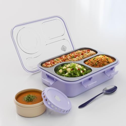 Image of Clazkit Lunch Box 3 Compartment Leak-Proof BPA Free Stainless Steel, Lunch Box for Kids, Lunch Box for School & Office with Spoon -Purple