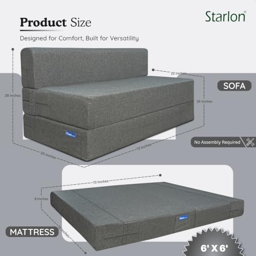 Image of Starlon 3 Seater Foldable Sofa Cum Bed 3-in-1 with 2 Geometrical Pattern Pillows, Washable Jute Fabric Cover, Space Saving Guest Bed, Pre-Assembled Ash Gray 6x6 Ft