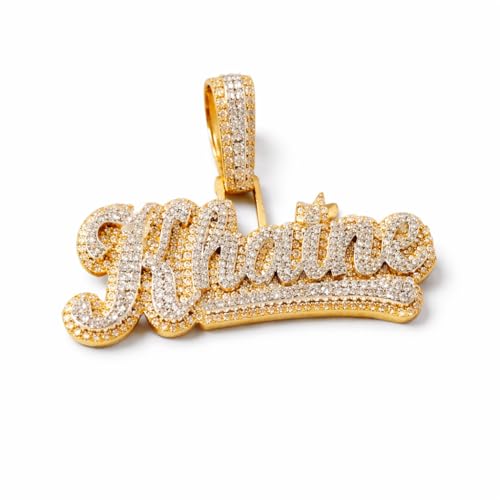 Custom Name Pendant Necklace for Men & Women | Sterling Silver with 14K Gold Plating | Iced-Out Personalized Name Charm | 2.14” Width | Gift for Any Occasion (Yellow Gold)