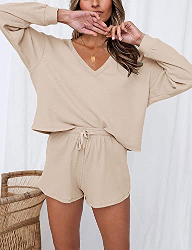 Merokeety Women's Long Sleeve Waffle Lounge Sets V Neck Top And Shorts 2 Piece Pajama Set Outfits Beige #TOP3