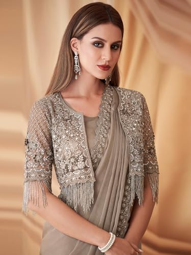 Image of AKHILAM Women's Heavy Georgette Sequence Work & Unstitched Jacket Saree With Unstitched Blouse Piece