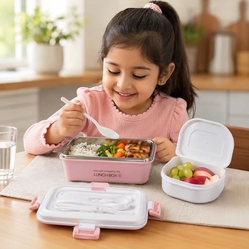 Image of WISHKEY Plastic BPA Free Stainless Steel Medium Size Lunch Box with Separate Container, a Spoon & a Fork, Soft Color Tiffin Box & Cutlery Accessories for Kids & Adults, 500 ml, Pink, 6+Years(Set of 1)