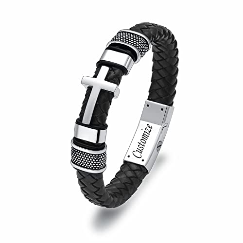 Oinsi Mens Double-Band Black Braided Leather Bangle Bracelets Cremation Jewelry For Ashes Wristband Memorial Urn Bangle With Cross Charm(Customize) #TOP19