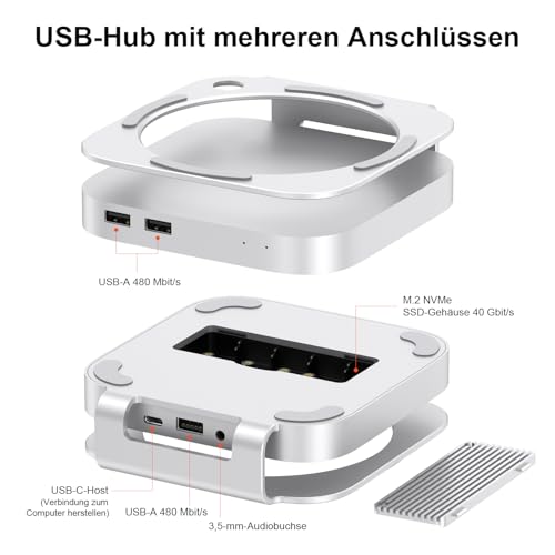 Image of Qwiizlab 40Gbps Mac mini M4 /M4 Pro Stand Hub with USB4 NVMe SSD Enclosure, USB-C Host, 3 USB-A 2.0, 3.5mm Audio, Supports M.2 PCIe up to 8TB, Compatible with Thunderbolt 4 /5