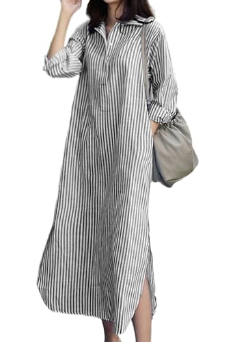 chouyatou Women Casual Long Sleeve V Neck Striped Shift Dress Loose Long Maxi Cotton Shirt Dress with Pocket