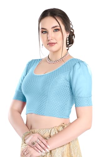 Image of FINESTFIT Stay On Trend Fashion 100% Cotton Readymade Blouses for Women,Round Neckline with Organza Balloon Sleeves.